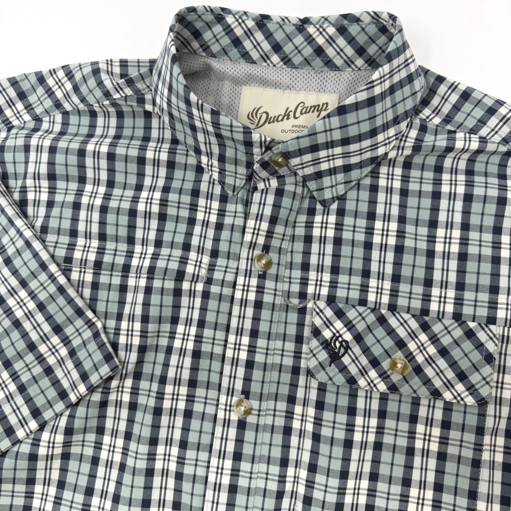 Duck Camp Mens XL Short Sleeve Plaid Technical Fishing Shirt Sage Green Vented